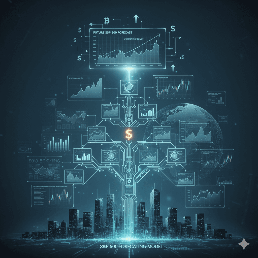 AI-Powered S&P 500 Forecasting System S&P 500 AI forecasting model visualization showing machine learning network analyzing financial data, market indicators, and generating future price predictions with expected range forecasts
