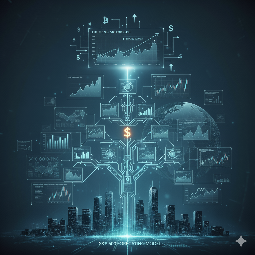S&P 500 AI forecasting model visualization showing machine learning network analyzing financial data, market indicators, and generating future price predictions with expected range forecasts